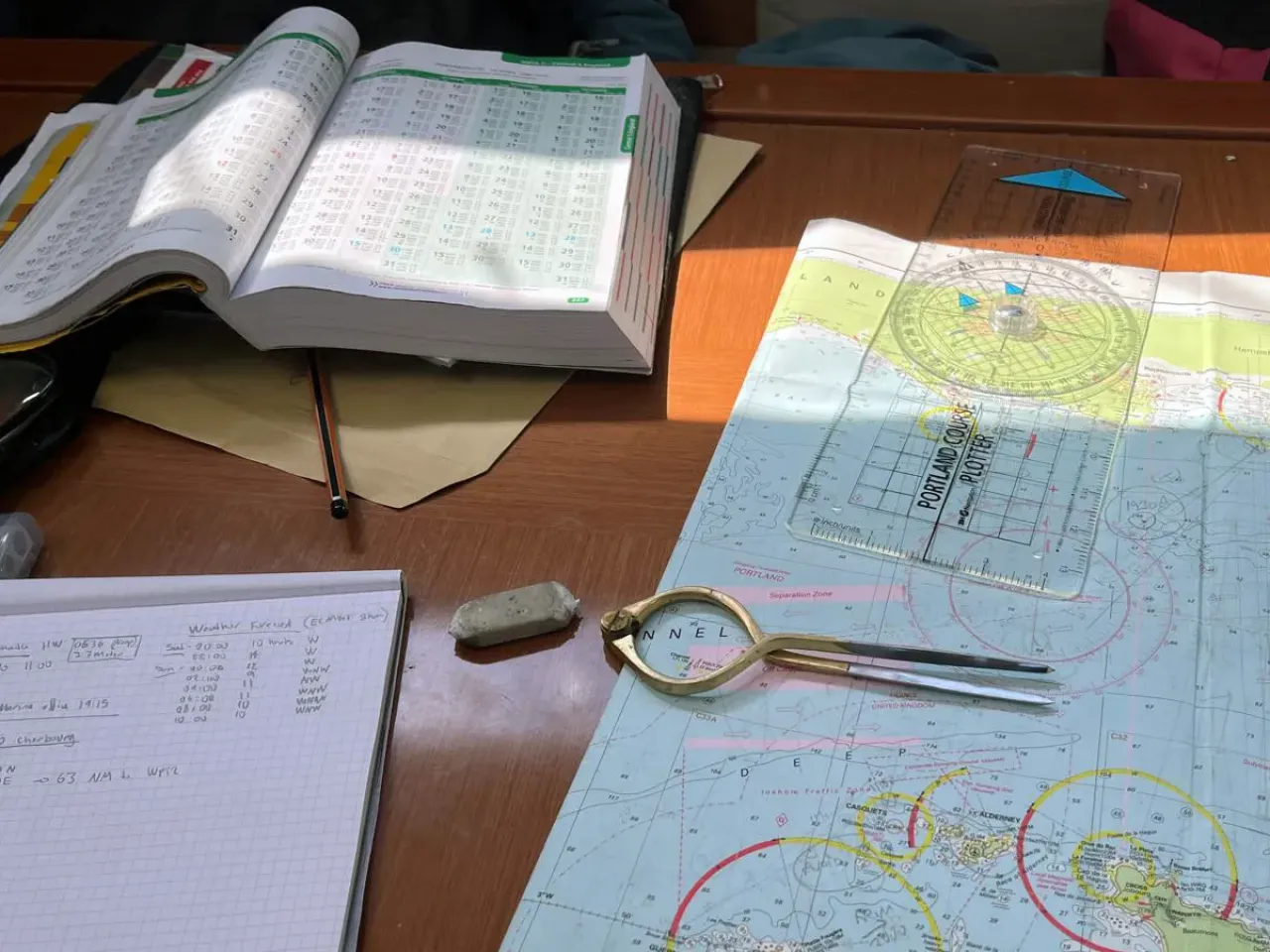 Navigation chart, tidal stream atlas and plotting tools used in sailing school training
